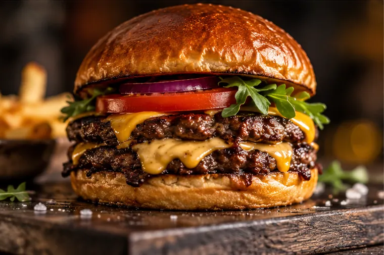 Ilustración de hamburguesa artesanal de ternera en pan brioche con queso, tomate y vegetales