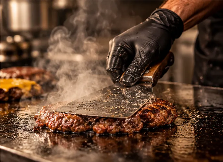 Ilustración de un cocinero preparando carne para hamburguesa en una plancha caliente