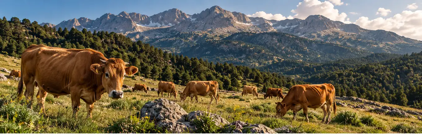 Ilustración de ganado pastando en un paisaje de alta montaña inspirado en la Sierra de Guadarrama